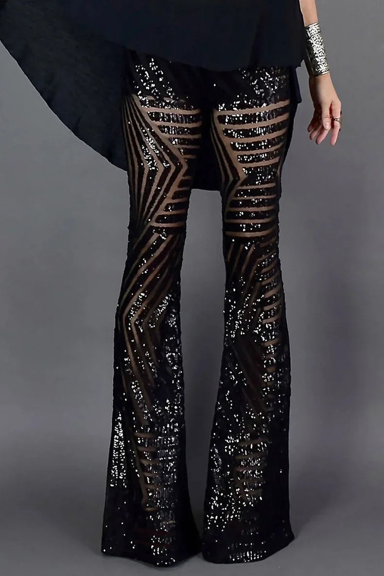 Vireous Women's Sparkling Sequin Slacks, Loose Mid-Waist Trousers