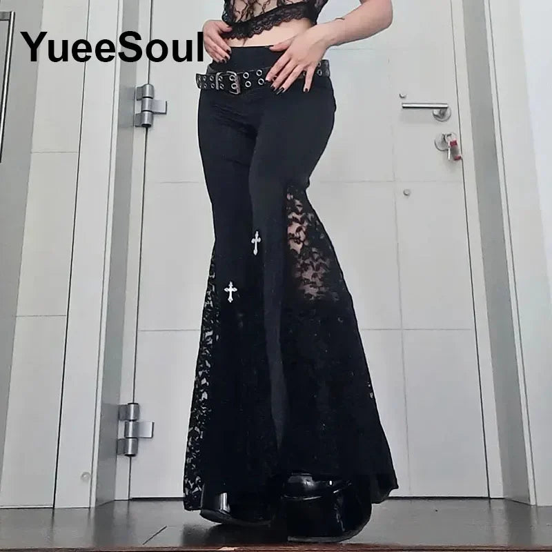 Goth Women's Flared Pants with Black Lace, Embroidery, Multi Designs