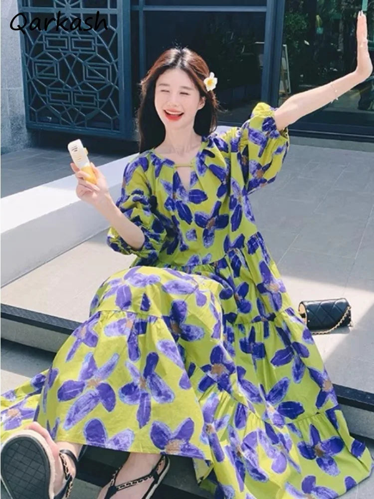 Vireous Elegant Floral Baggy Slouchy Dress