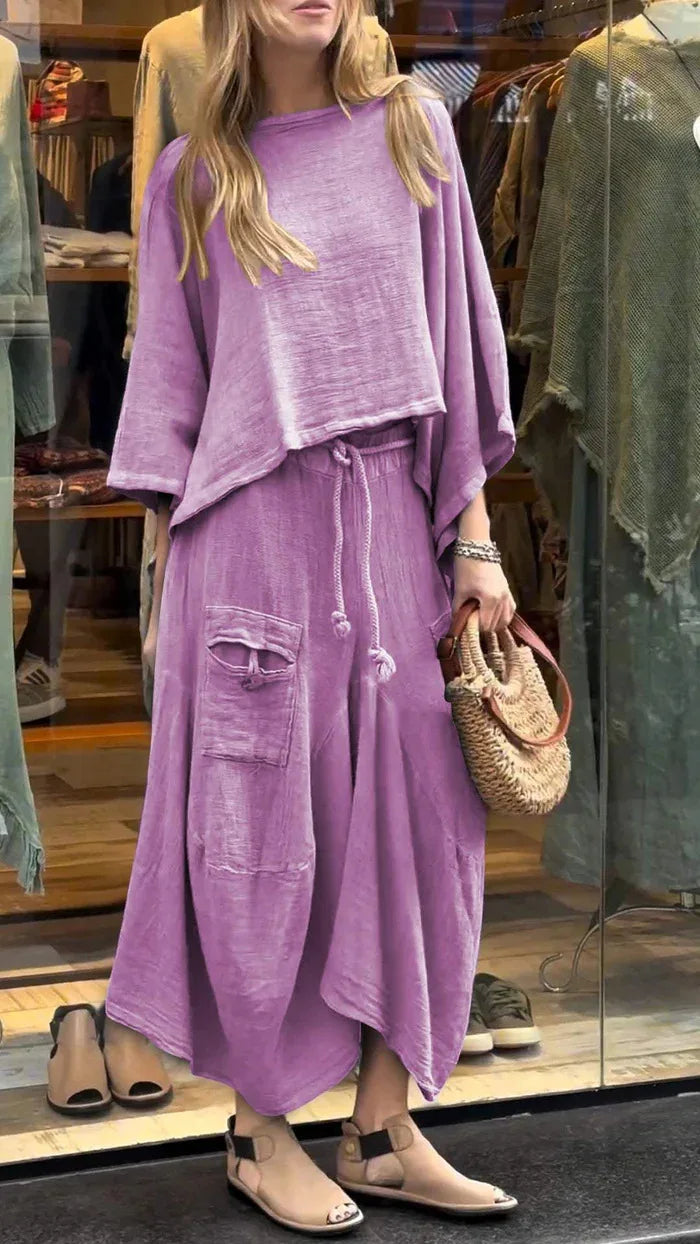 Linen Fashion Bell Sleeve Women's Top and Skirt Two-Piece, Plus Sizes