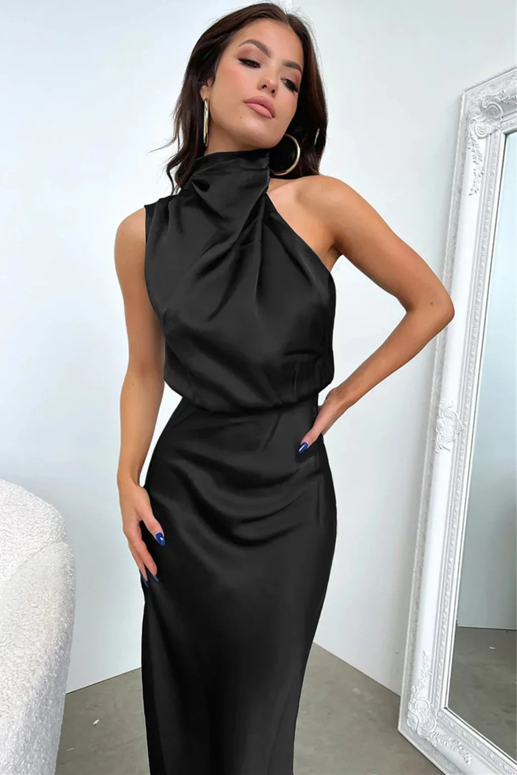 Vireous Summer Silk Satin Sleeveless Long Dress, Draped Bodice