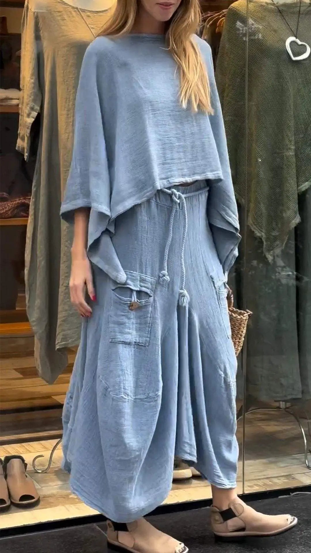 Linen Fashion Bell Sleeve Women's Top and Skirt Two-Piece, Plus Sizes