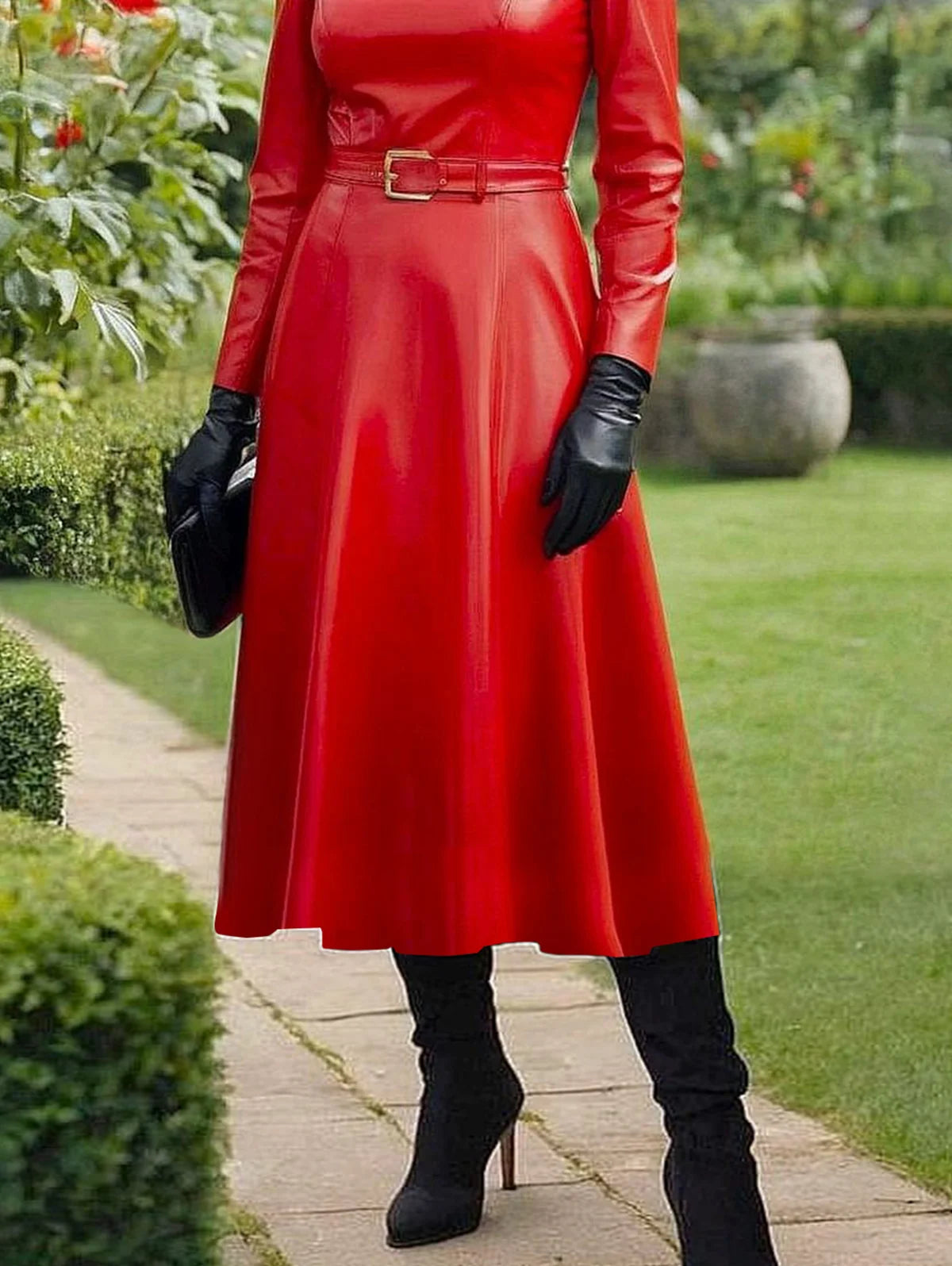 Vireous Red PU Leather Belted Women's Maxi Dress
