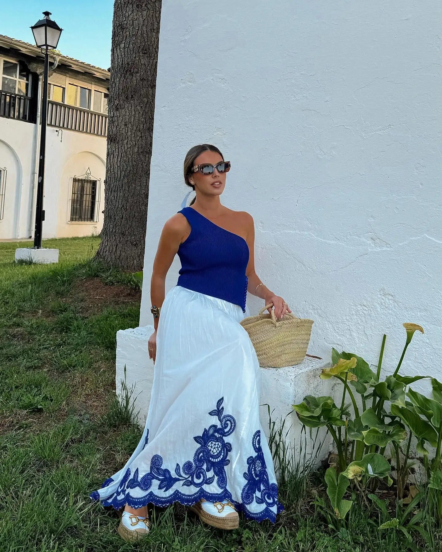 Bohemian-Style White and Blue Embroidered Two-Piece Women's Summer Set