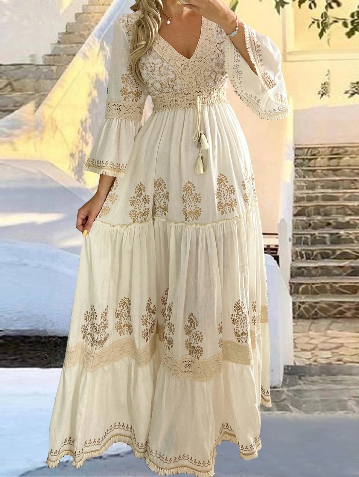 Boho Beige Lace Elegant Classic Flared-Sleeve Holiday Maxi Dress