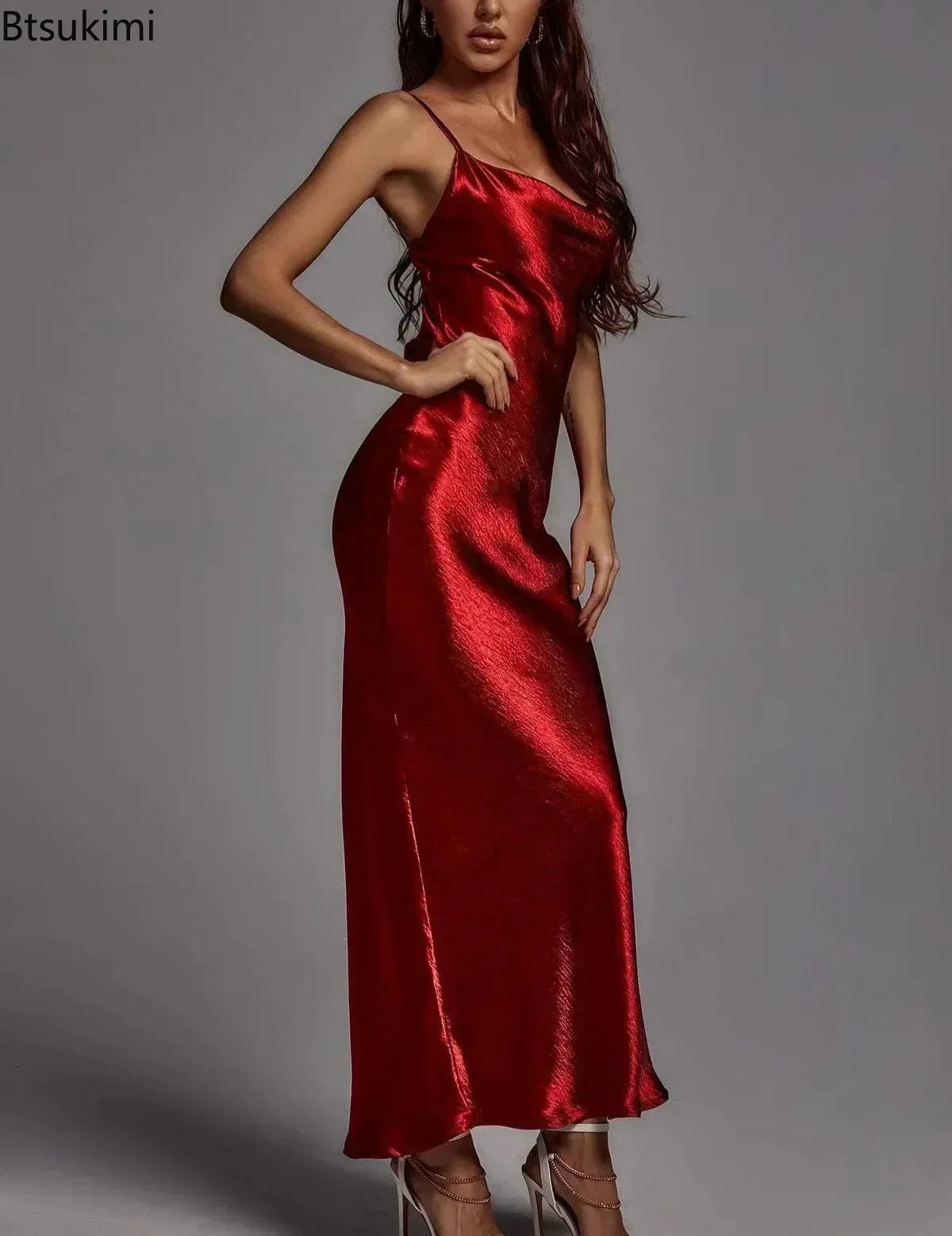 Metallic Gold Maxi Dress, Elegant Satin Backless Women's Gown