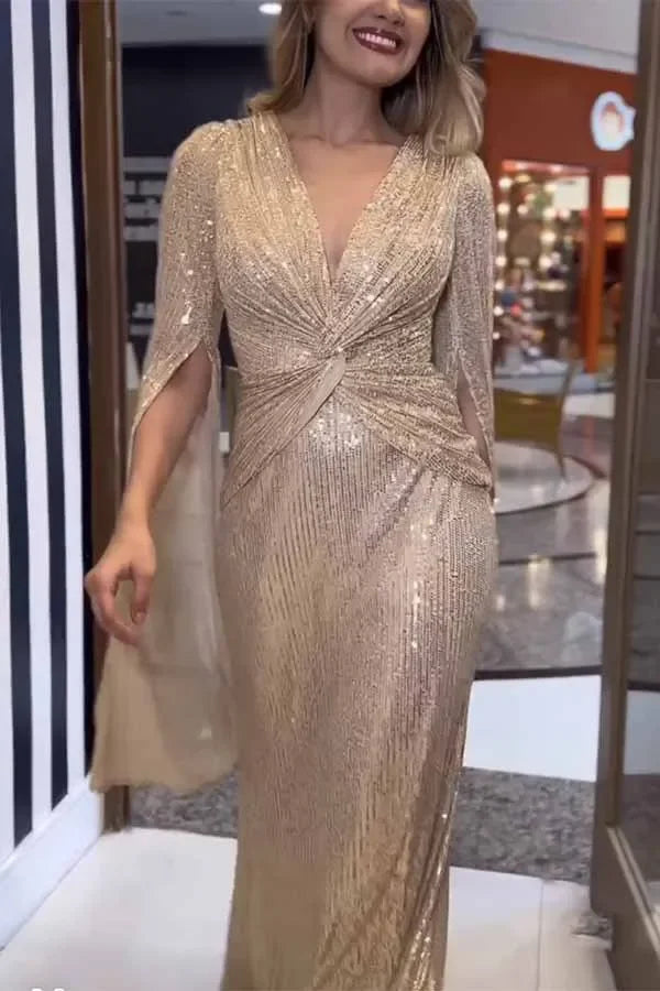 Elegant Sequin Evening Dress, V-Neck Cloak Sleeves