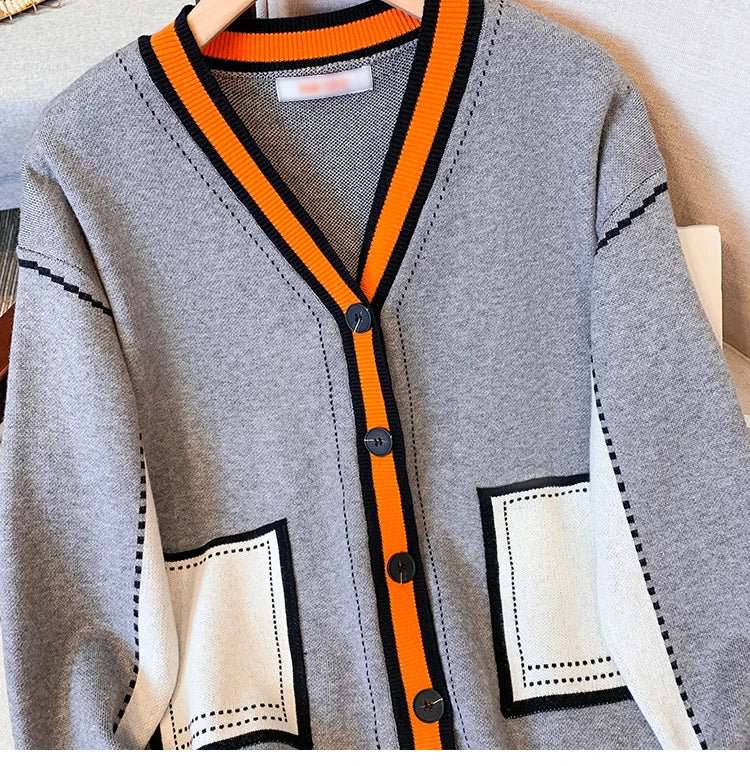 Vireous Women's Oversize Cardigan Sweater, Hermes Orange and Grey