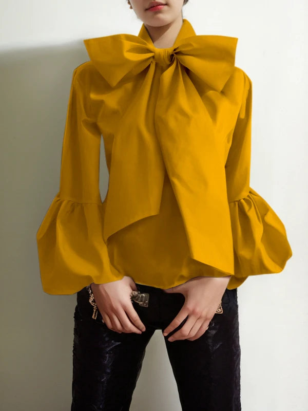 Vireous Bowknot High Collar Women's Tuxedo Shirt
