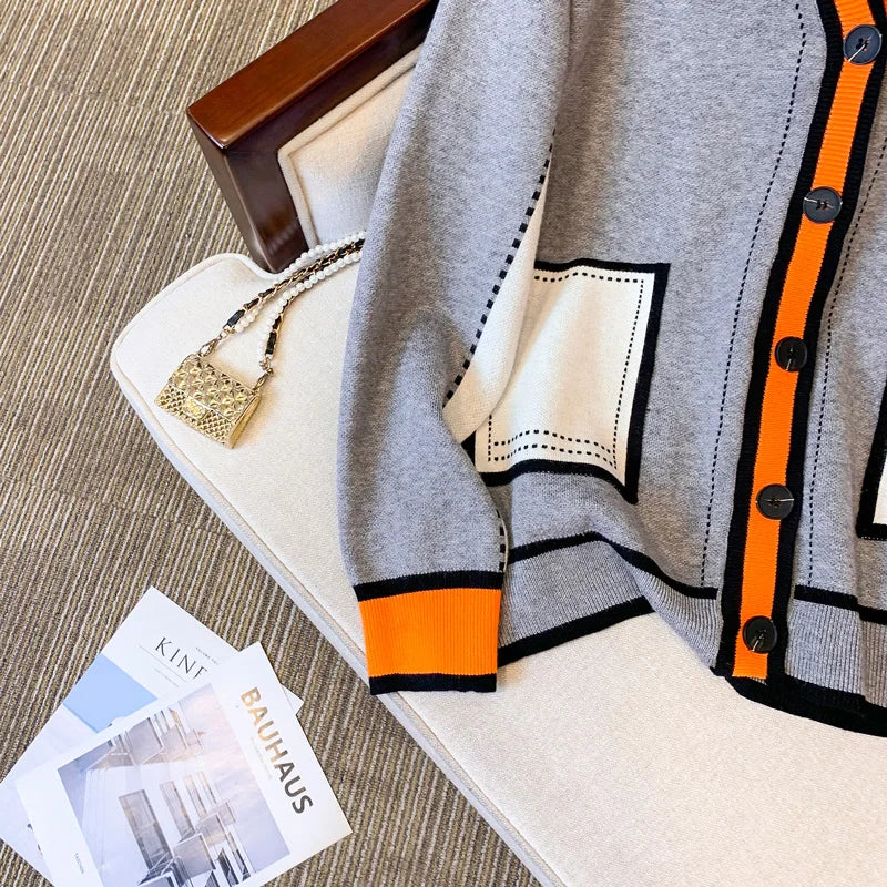 Vireous Women's Oversize Cardigan Sweater, Hermes Orange and Grey