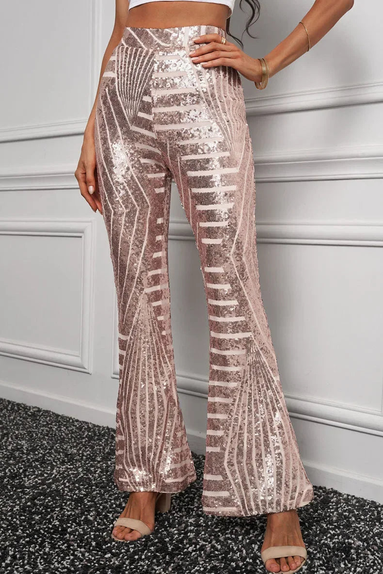 Vireous Women's Sparkling Sequin Slacks, Loose Mid-Waist Trousers