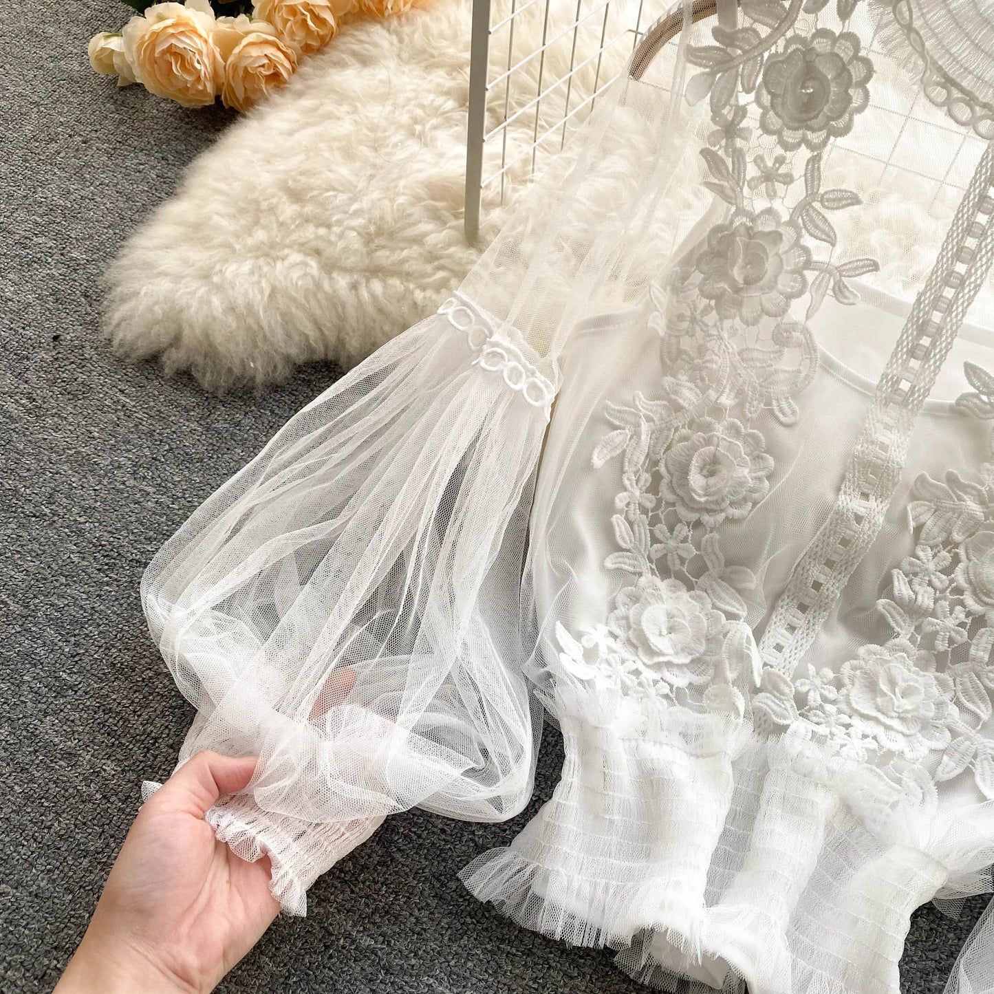 Lace See-Through Puff-Sleeve Vintage Fashion Blouse