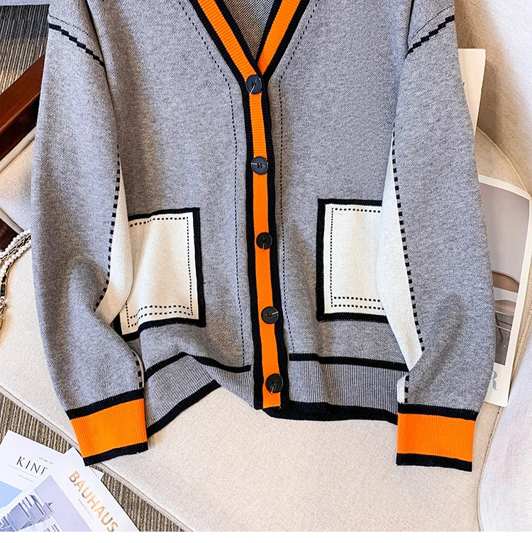 Vireous Women's Oversize Cardigan Sweater, Hermes Orange and Grey