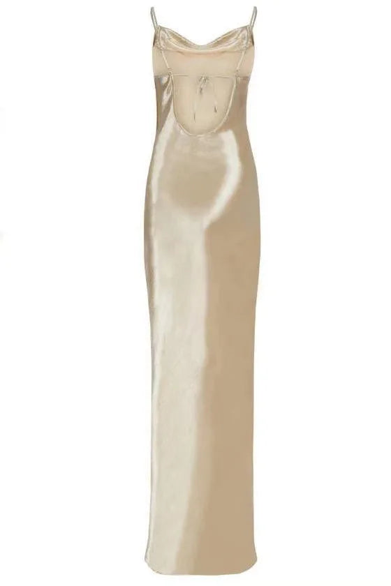 Metallic Gold Maxi Dress, Elegant Satin Backless Women's Gown