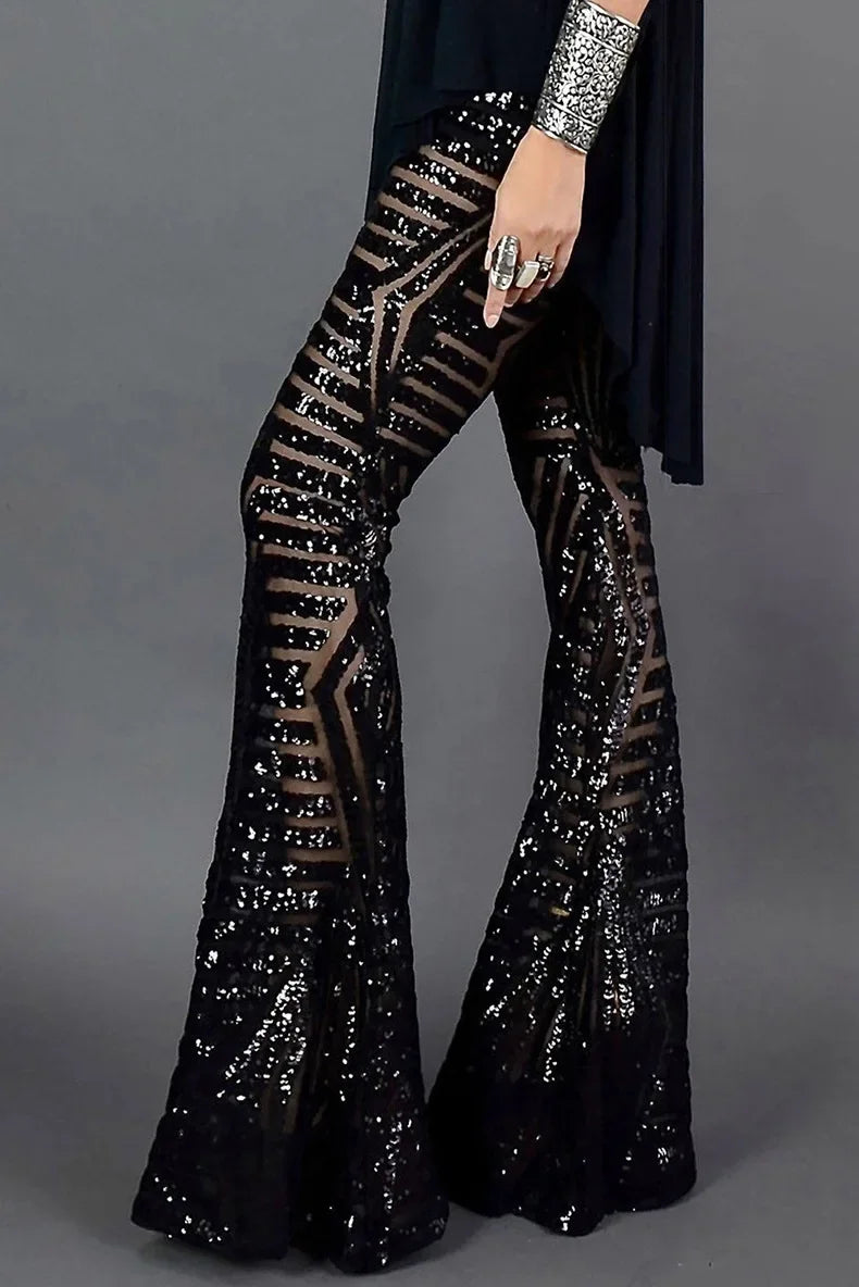 Vireous Women's Sparkling Sequin Slacks, Loose Mid-Waist Trousers