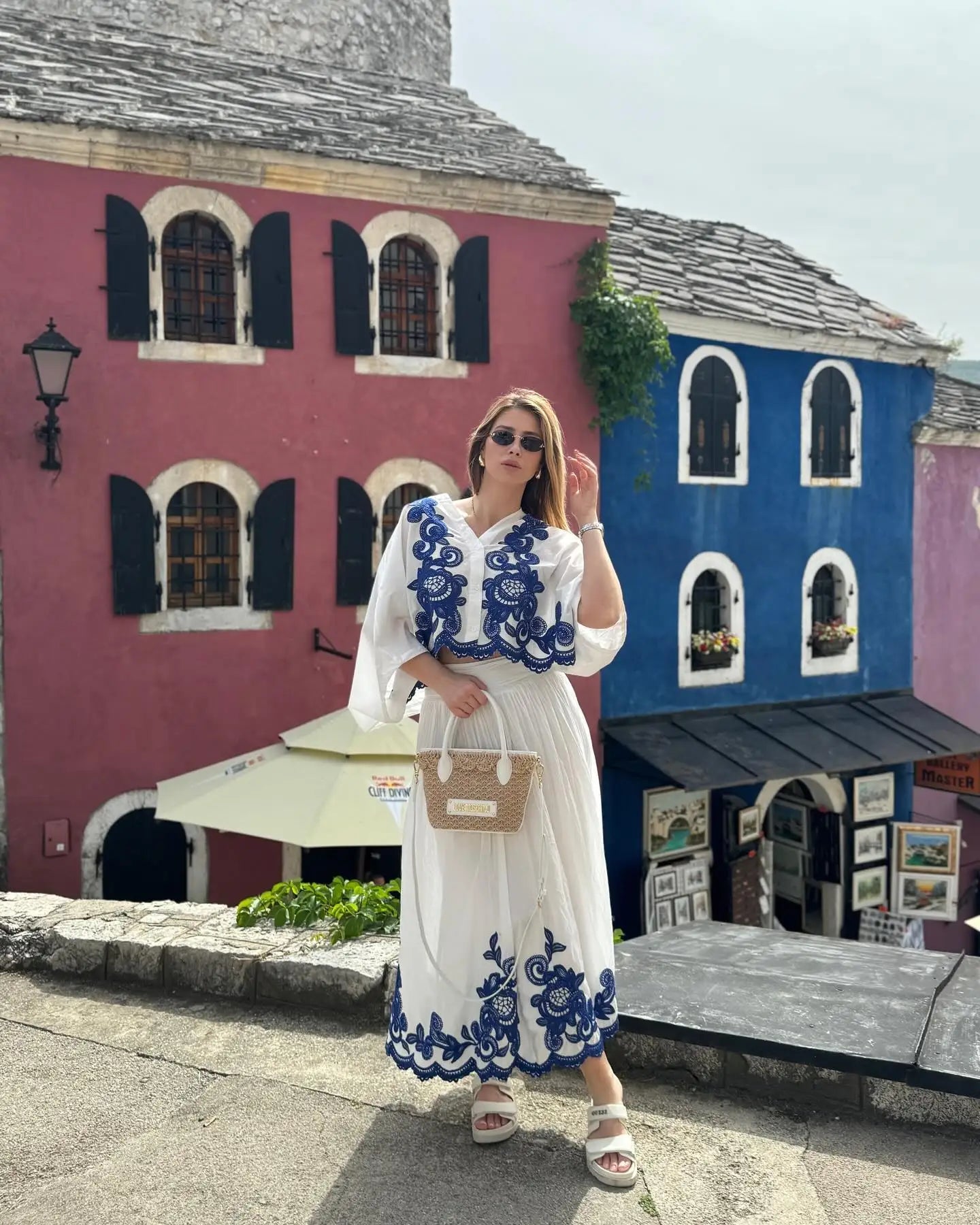 Bohemian-Style White and Blue Embroidered Two-Piece Women's Summer Set