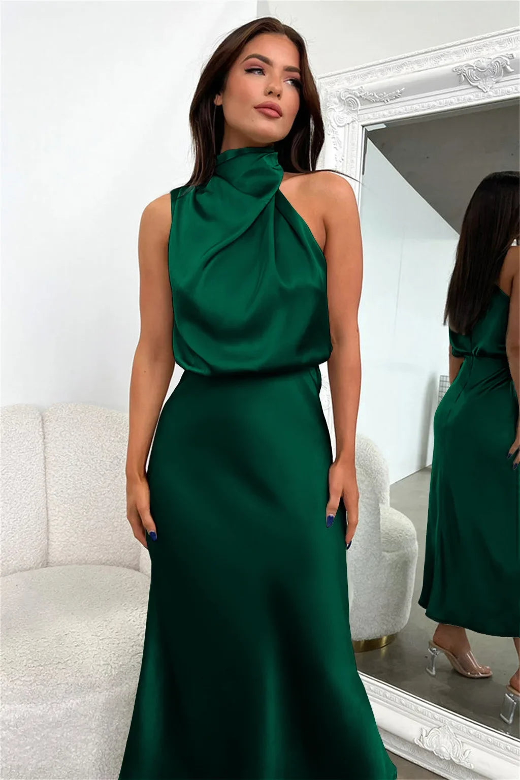 Vireous Summer Silk Satin Sleeveless Long Dress, Draped Bodice