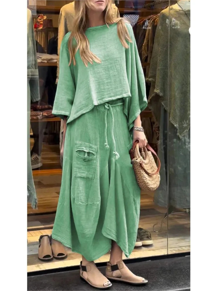 Linen Fashion Bell Sleeve Women's Top and Skirt Two-Piece, Plus Sizes