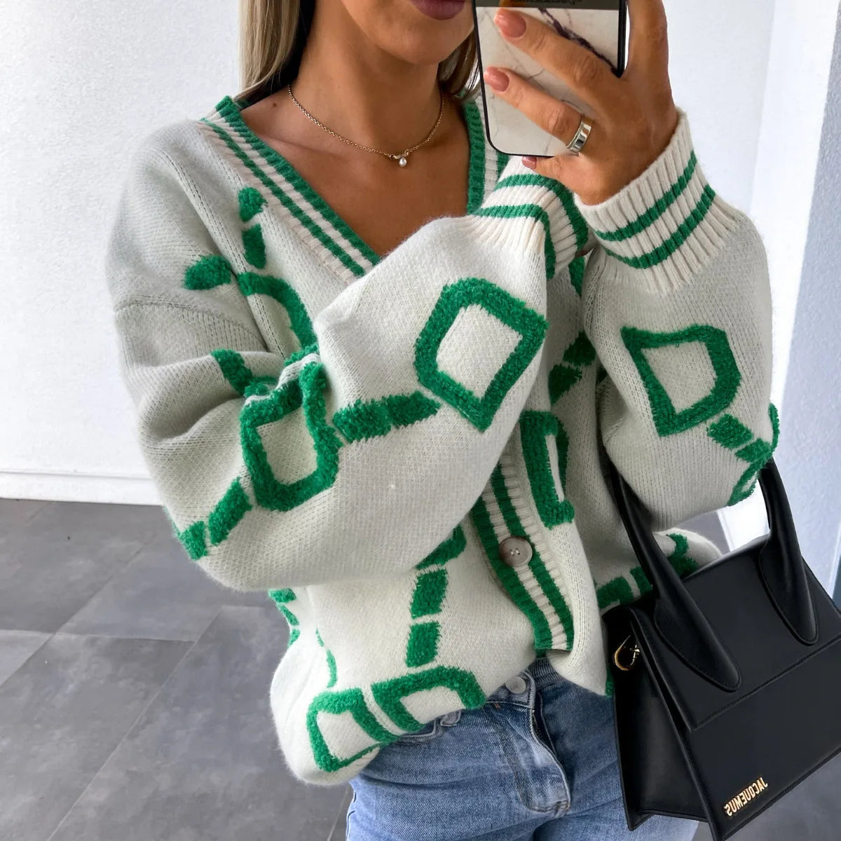 Vireous Jacquard Knitted Women's Cardigan Coat, Candy Colours