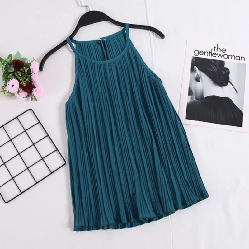 Vireous Summer Sleeveless Ribbed Chiffon Camisole Top