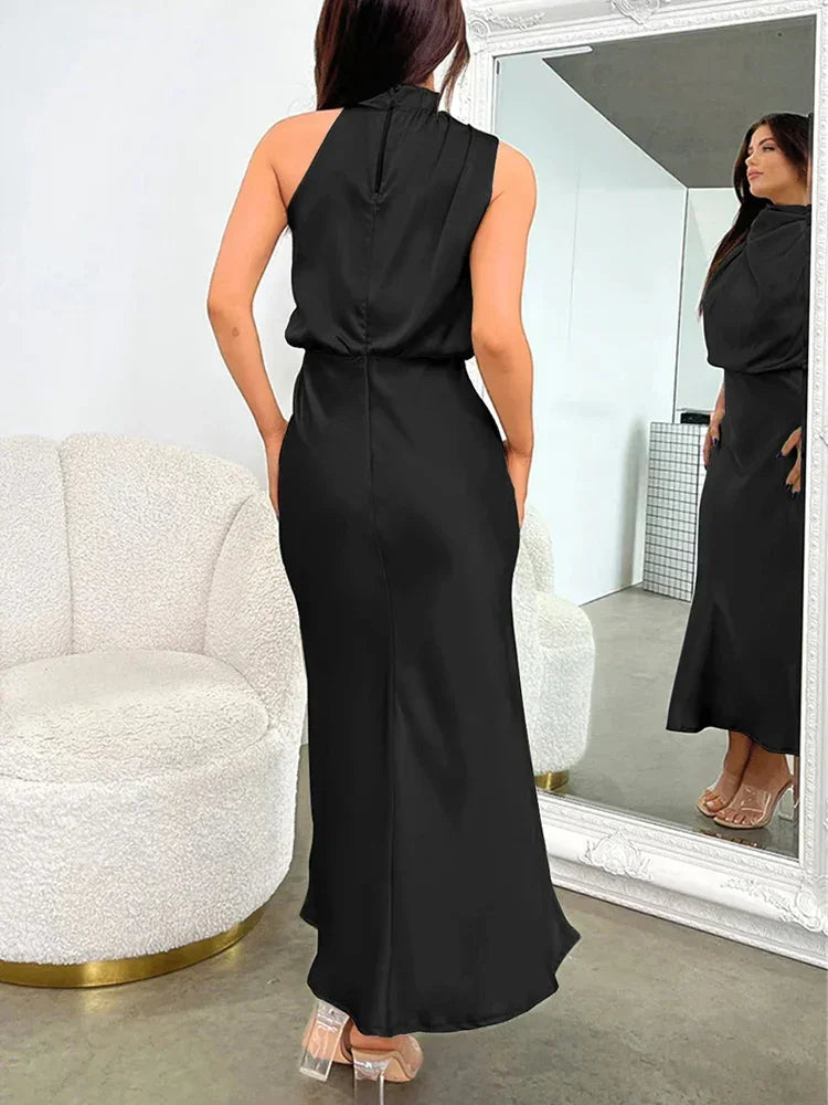 Vireous Summer Silk Satin Sleeveless Long Dress, Draped Bodice