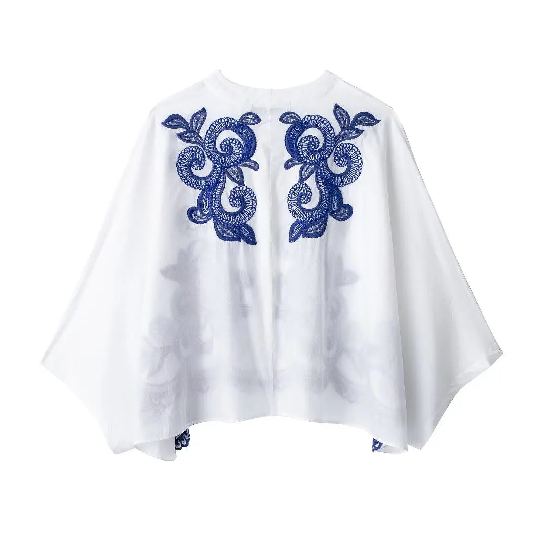 Bohemian-Style White and Blue Embroidered Two-Piece Women's Summer Set