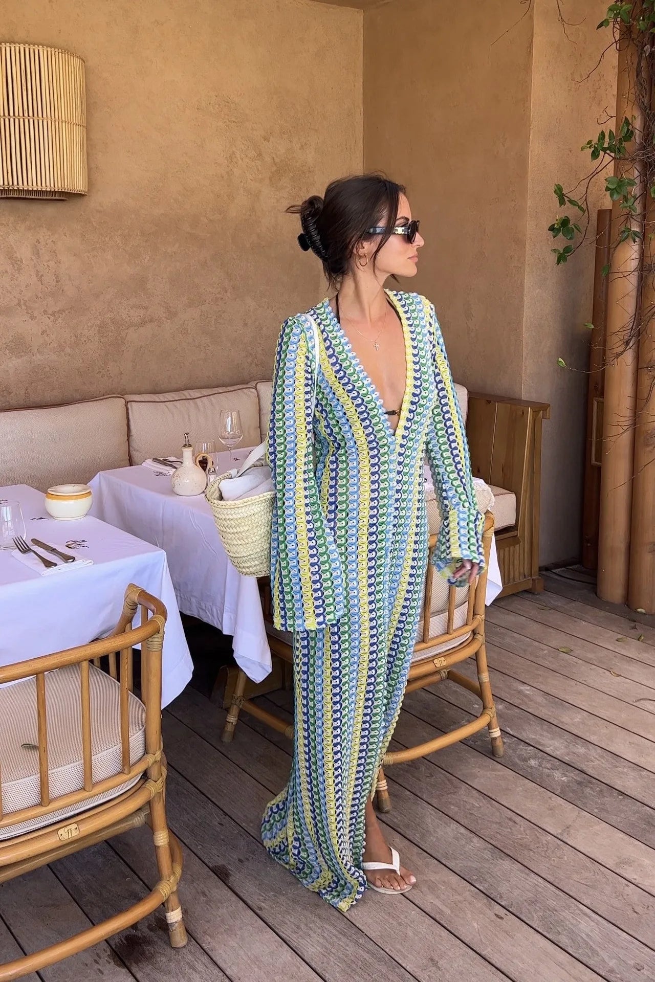 Vireous Crochet Colourful Women's Stripe Maxi Dress