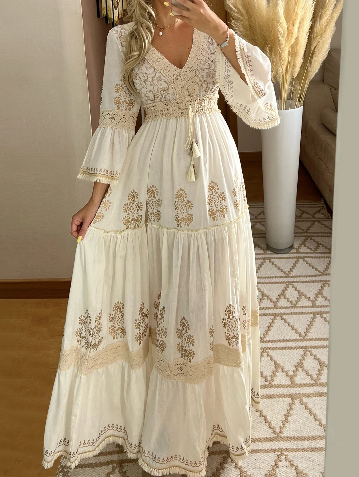 Boho Beige Lace Elegant Classic Flared-Sleeve Holiday Maxi Dress