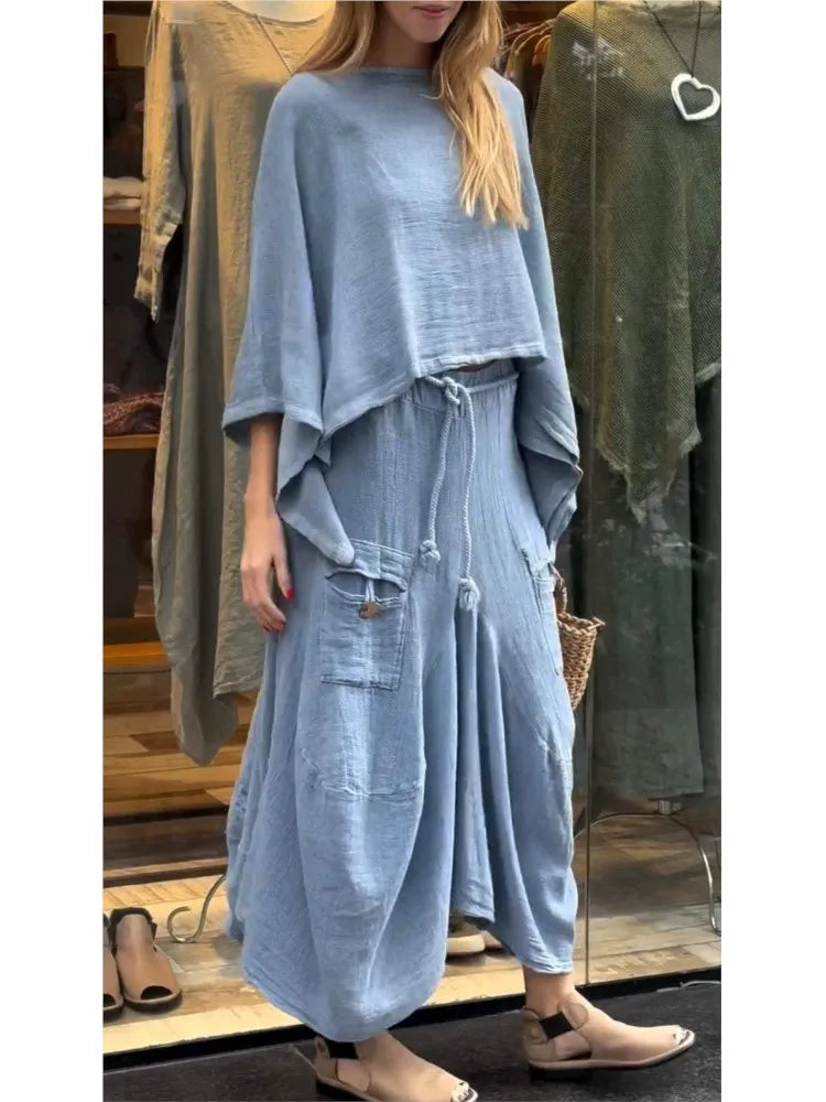 Linen Fashion Bell Sleeve Women's Top and Skirt Two-Piece, Plus Sizes