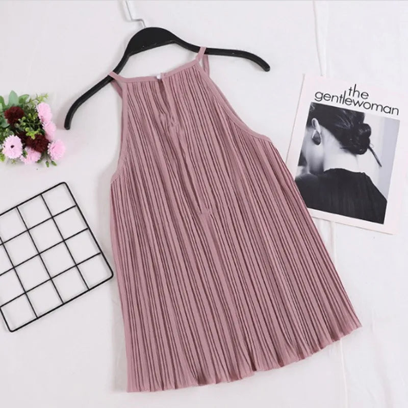Vireous Summer Sleeveless Ribbed Chiffon Camisole Top