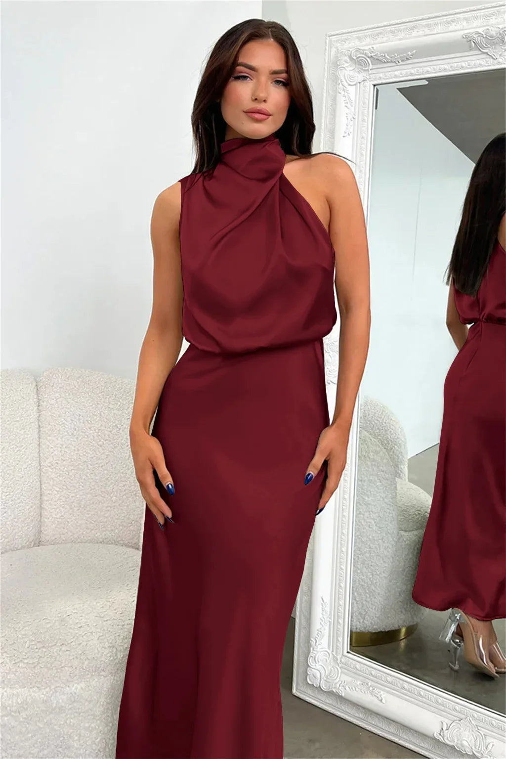 Vireous Summer Silk Satin Sleeveless Long Dress, Draped Bodice