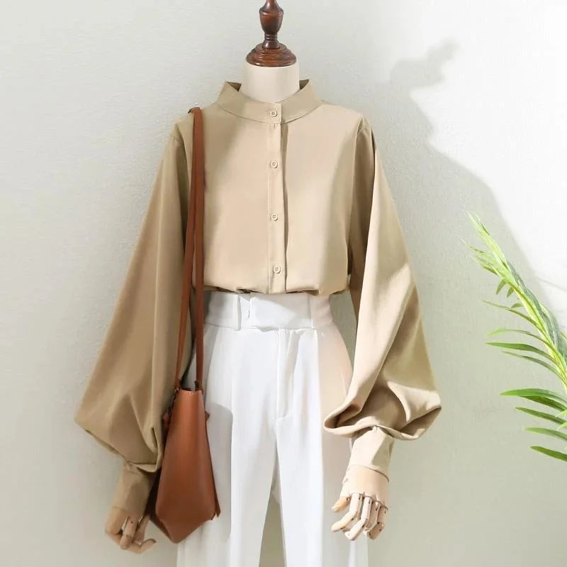 Vireous Lantern-Sleeve Stand Collar Businesswear Blouse, Spring and Autumn Style