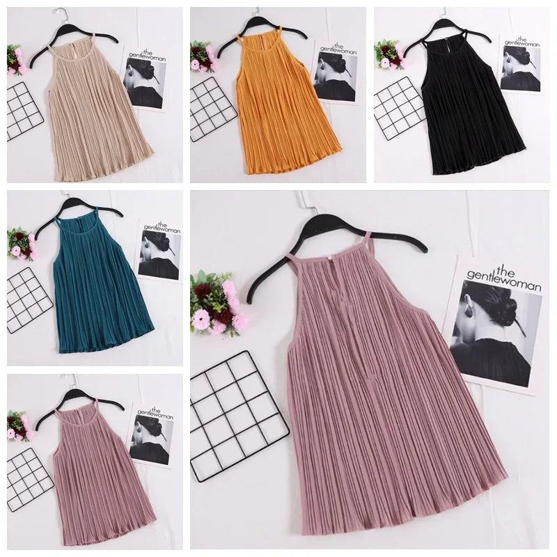 Vireous Summer Sleeveless Ribbed Chiffon Camisole Top
