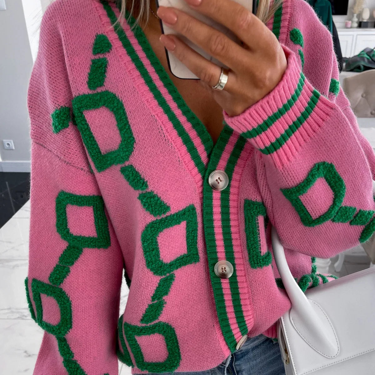 Vireous Jacquard Knitted Women's Cardigan Coat, Candy Colours