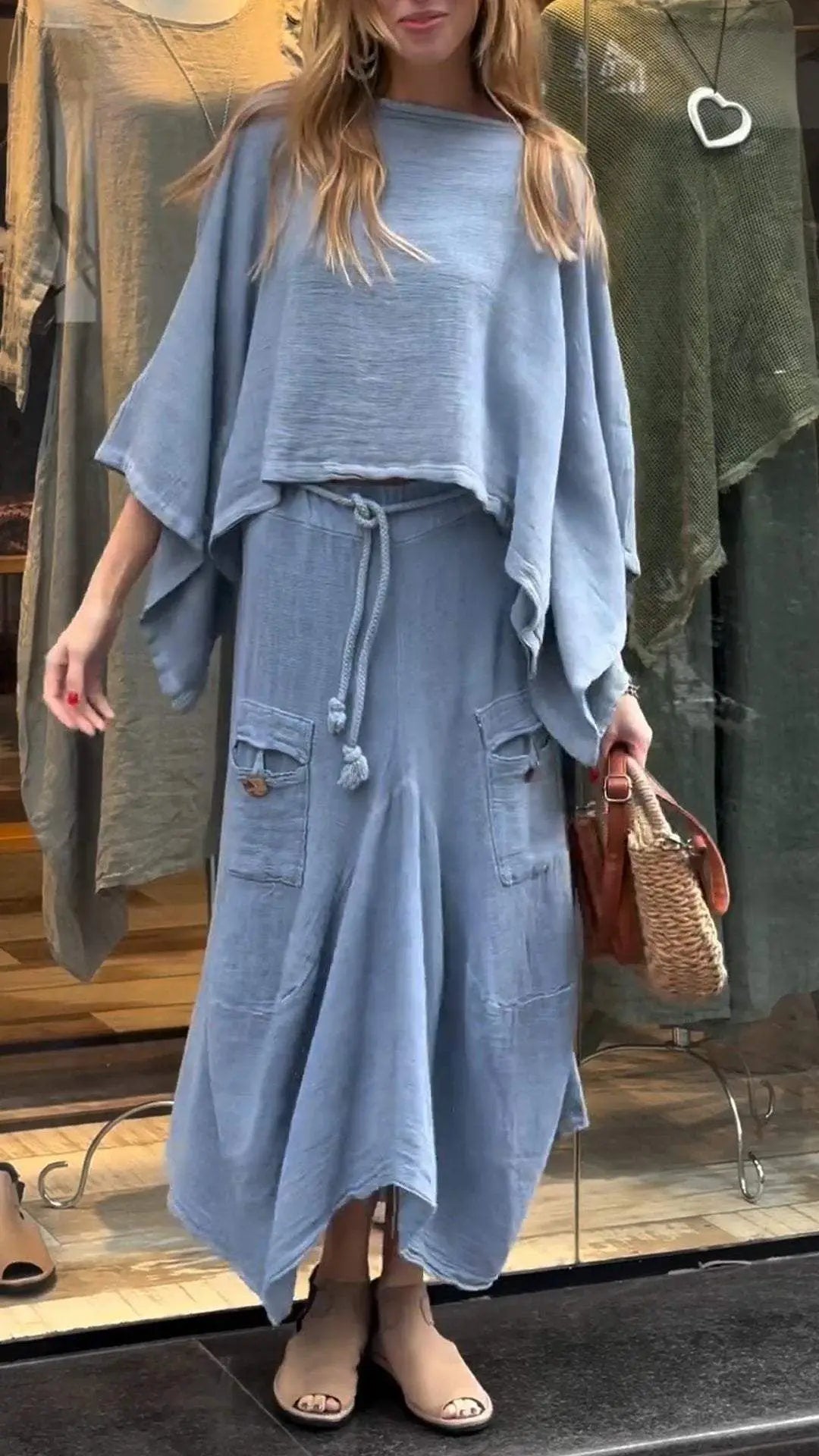 Linen Fashion Bell Sleeve Women's Top and Skirt Two-Piece, Plus Sizes