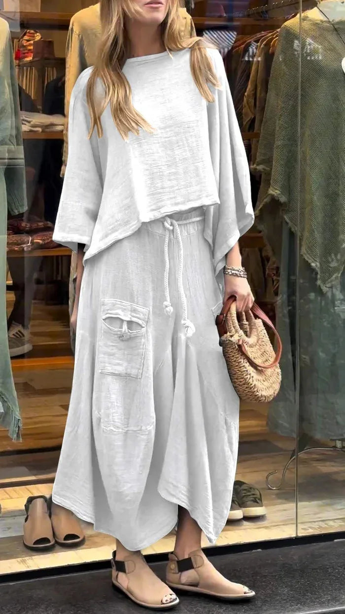 Linen Fashion Bell Sleeve Women's Top and Skirt Two-Piece, Plus Sizes