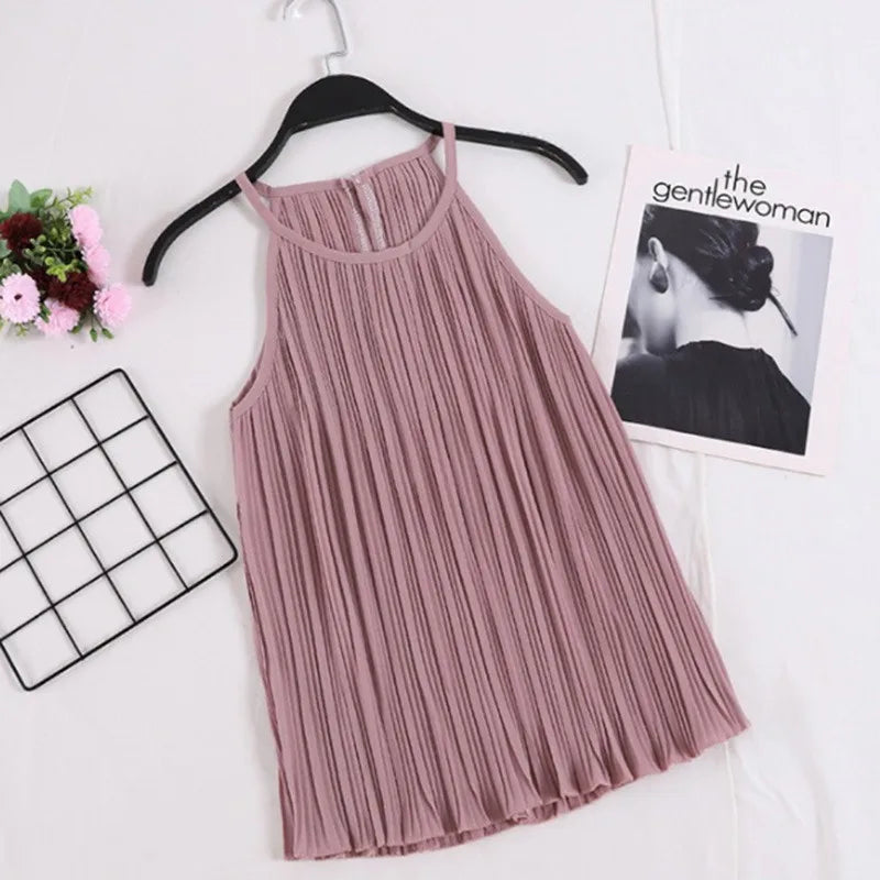 Vireous Summer Sleeveless Ribbed Chiffon Camisole Top