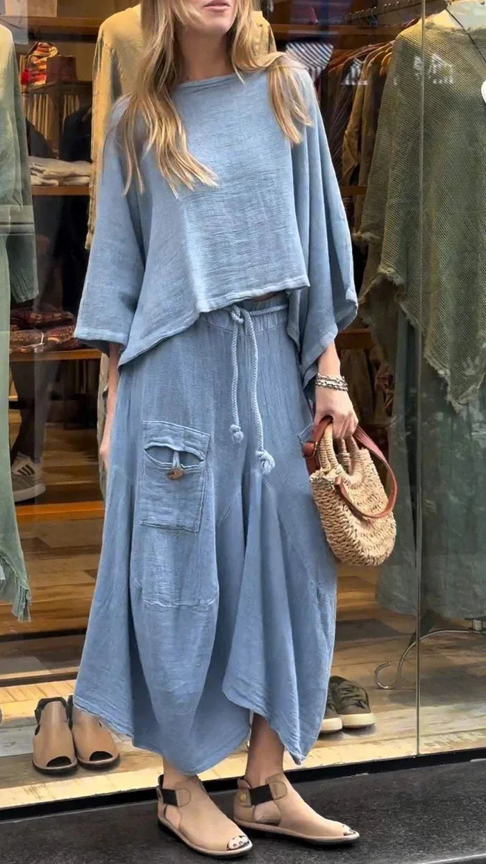 Linen Fashion Bell Sleeve Women's Top and Skirt Two-Piece, Plus Sizes