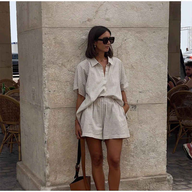 Cotton Linen Women's Two-Piece Summer Shorts Set, Plus Sizes