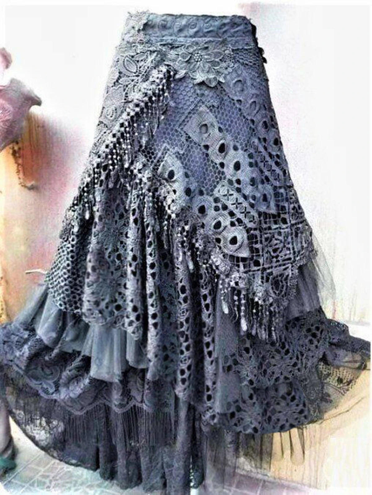 Elegant Boho-Style Hollow Mesh Asymmetrical Long Skirt