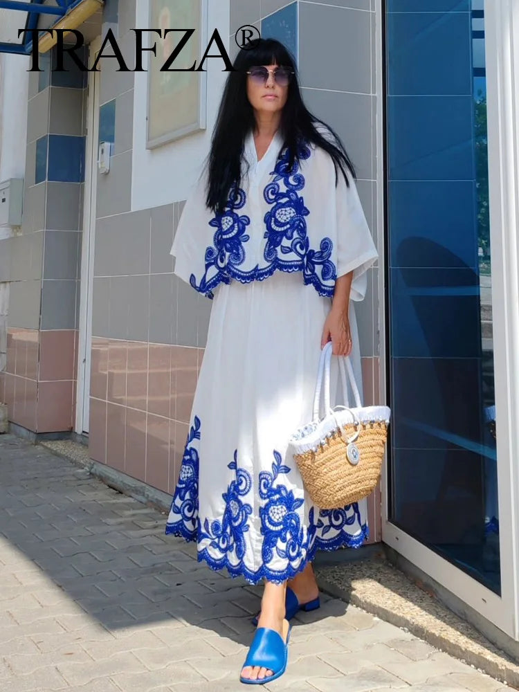 Bohemian-Style White and Blue Embroidered Two-Piece Women's Summer Set