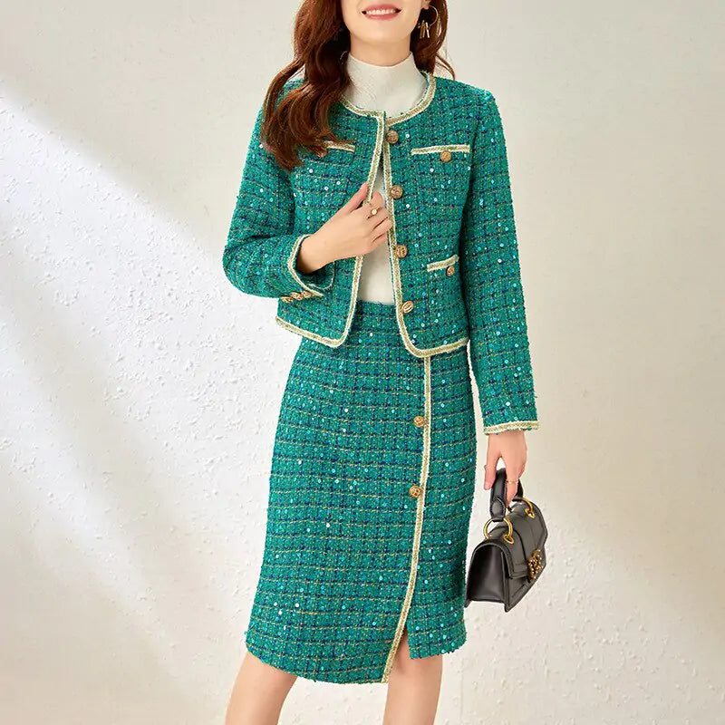 Vireous Green Tweed Jacket and Skirt Set, Winter Catwalk Collection