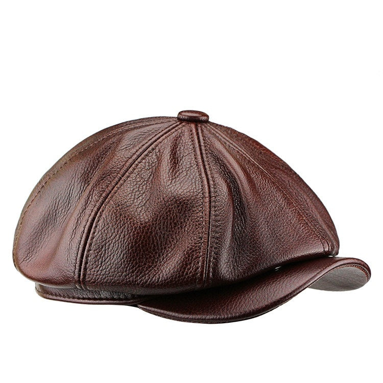 British Cowhide Leather Octagonal Cap, Unisex Peaked Cap