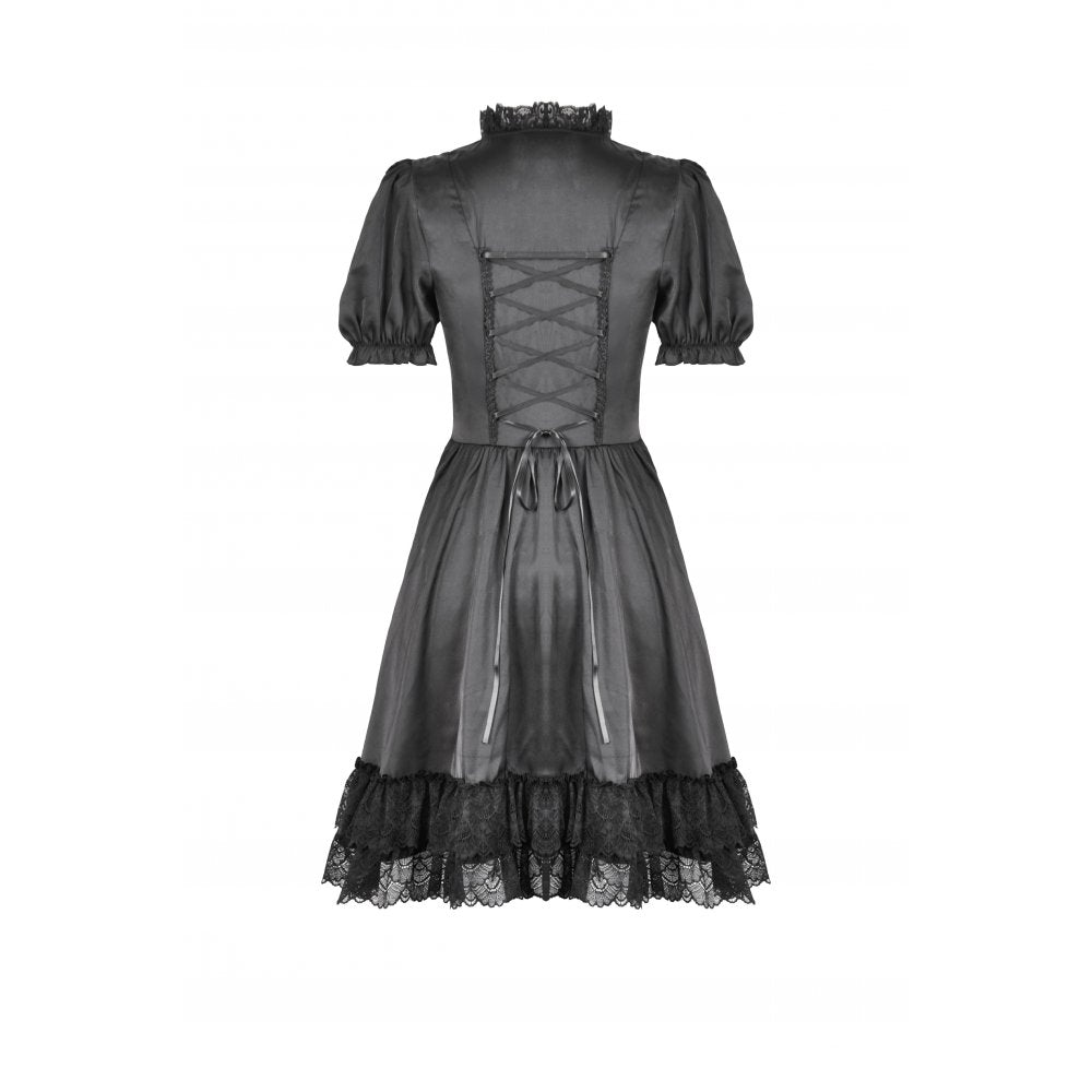 Dark in Love Belladonna Lace-Up High Collar Puff Sleeve Goth Dress, Plus Sizes