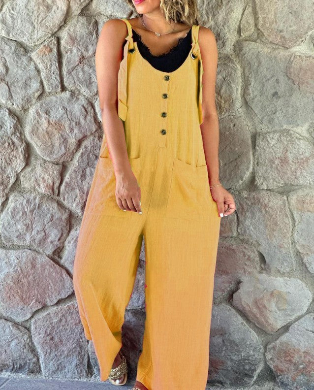 Linen Casual Button Suspender Women's Pants Suit, Plus Sizes
