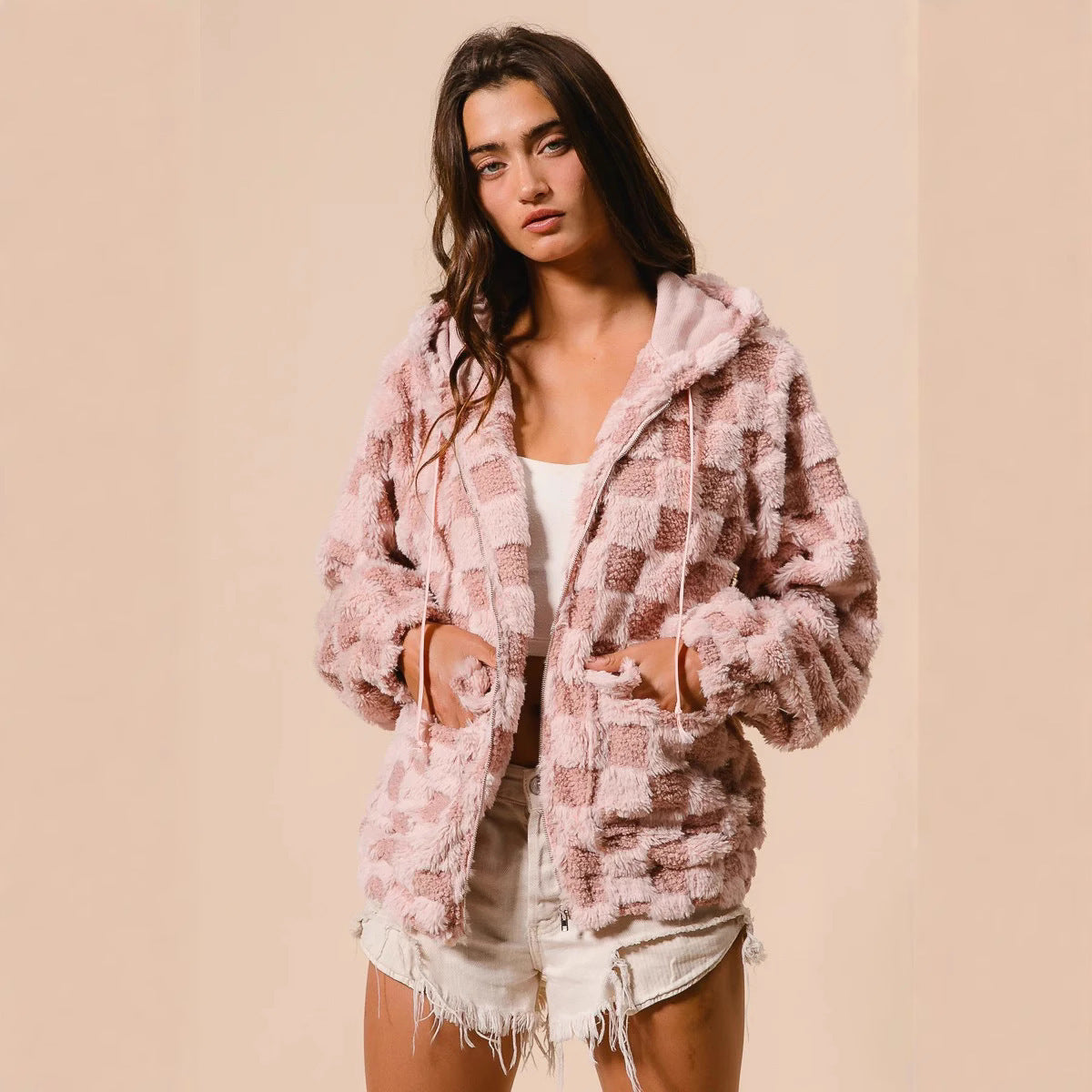 Women's Plaid Zipper Cardigan Plush Hoodie