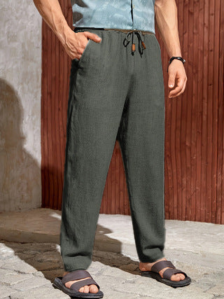 Vireous Men's Casual Cotton and Linen Drawstring Trousers