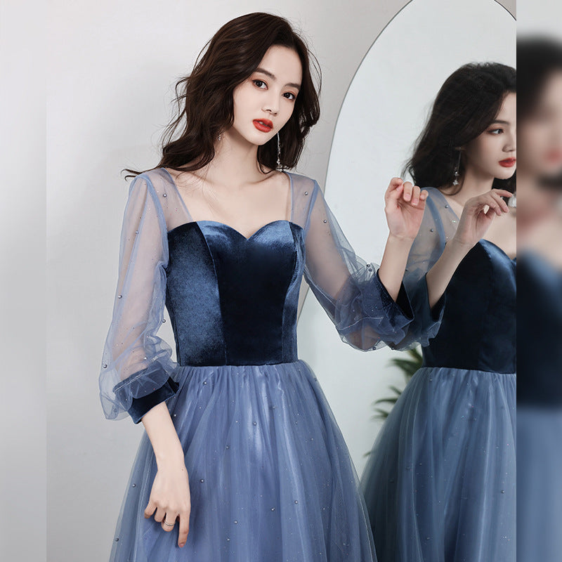 Vireous Velvet, Mesh Sleeves Long Birthday Party Dress