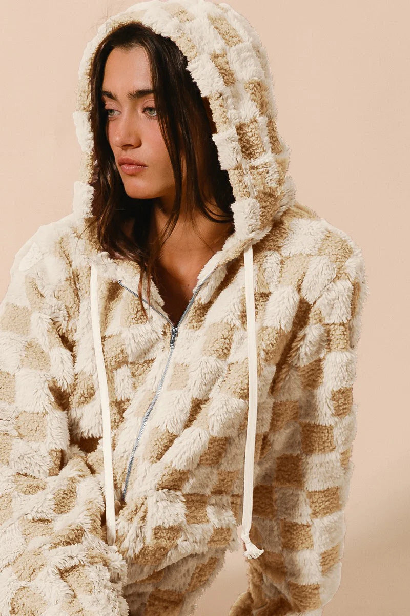 Women's Plaid Zipper Cardigan Plush Hoodie