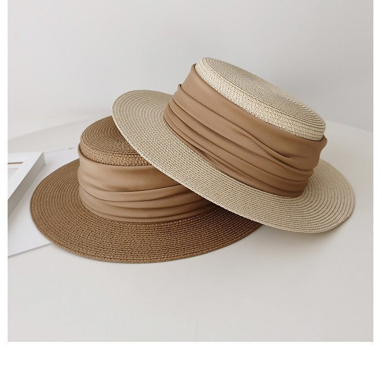 Flat Straw Hat, Women's French Woven 'Top Hat', Seaside Summer Travel Brimmed Hat